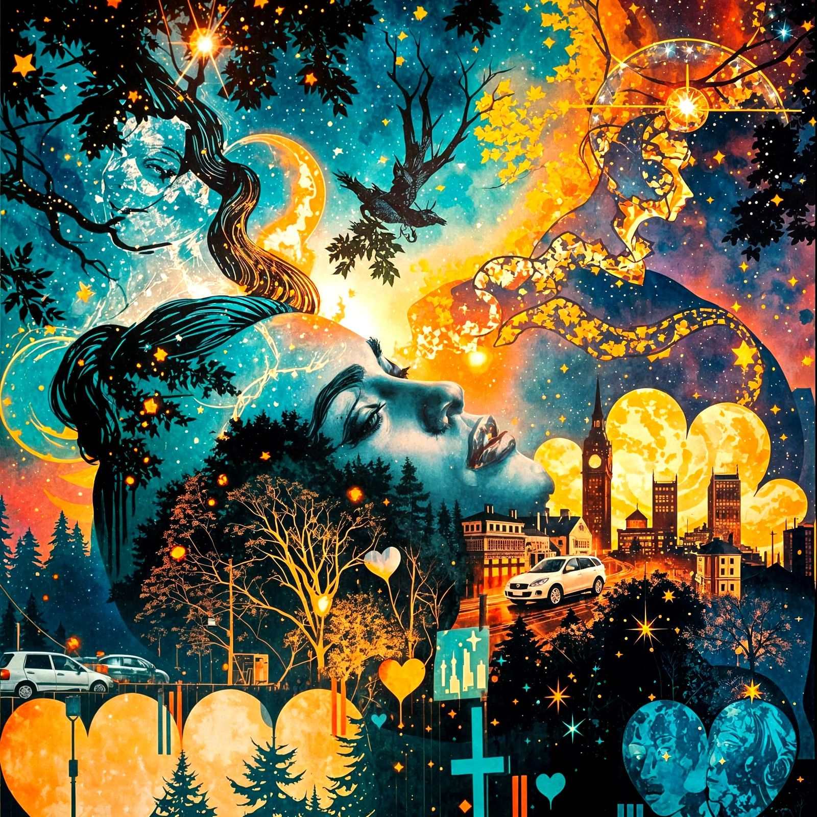 Galaxy Merges into Cityscape with Romantic Silhouette