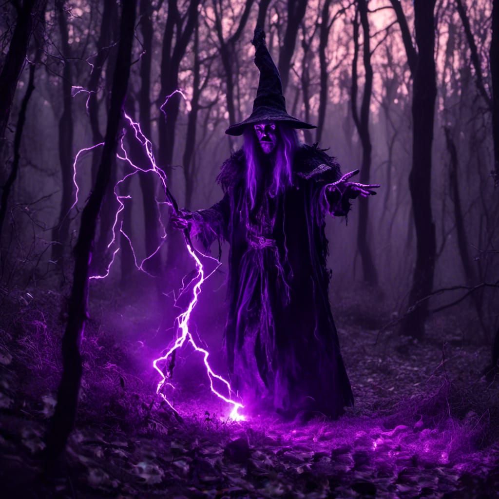 Wizard Conjuring Lightning in Dark Woods