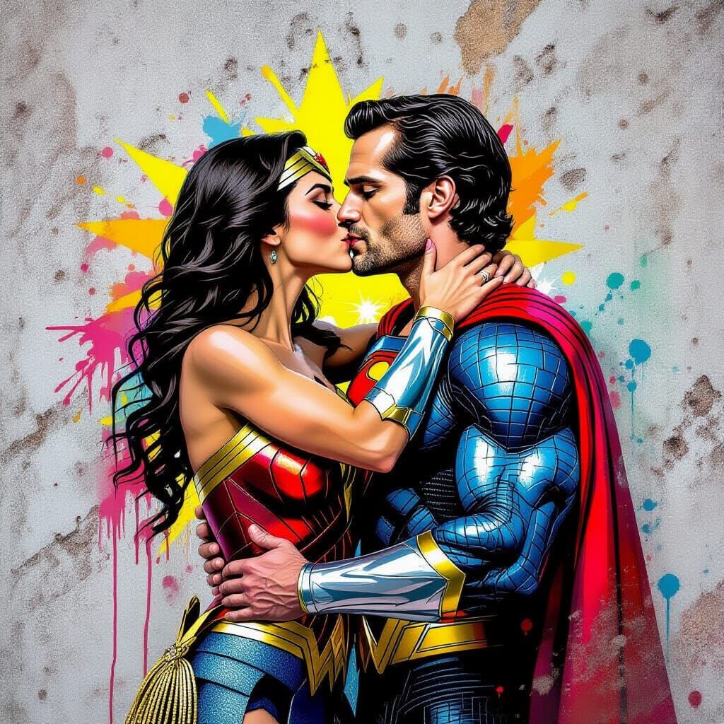 Wonder Woman Kisses Superman in Graffiti Art Style