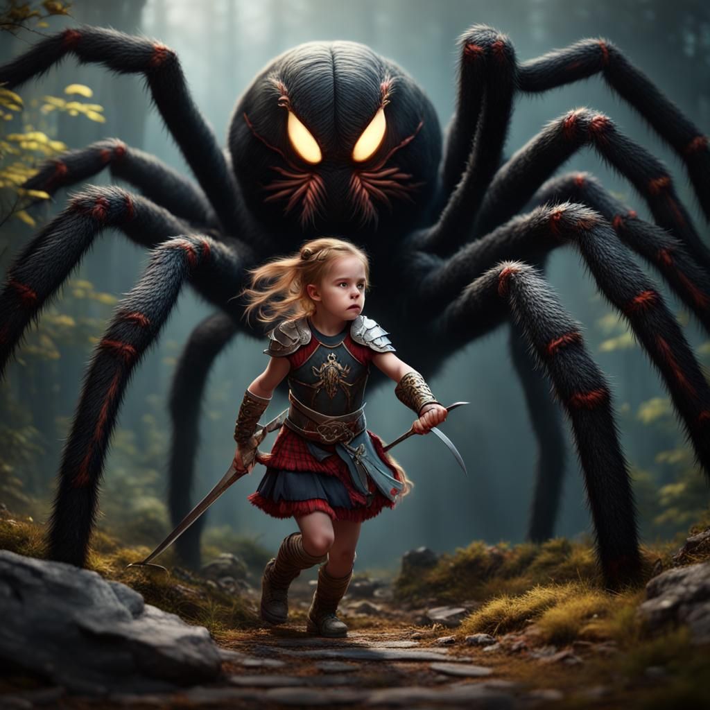 Scottish Warrior Girl Battles Giant Spider, Fantasy Art