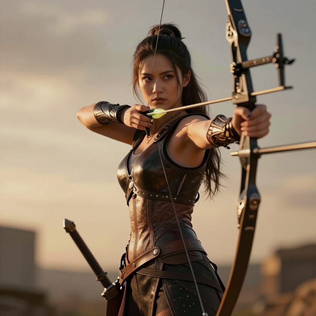 Female Archer Drawing Bow in Dramatic Golden Hour Light