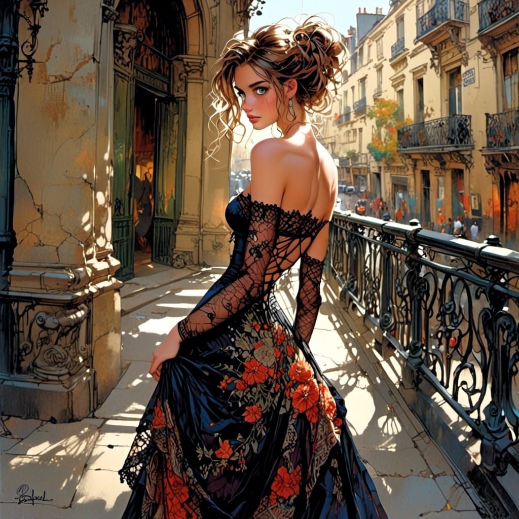 Beautiful Woman in Paris Street Scene, Photorealism Style