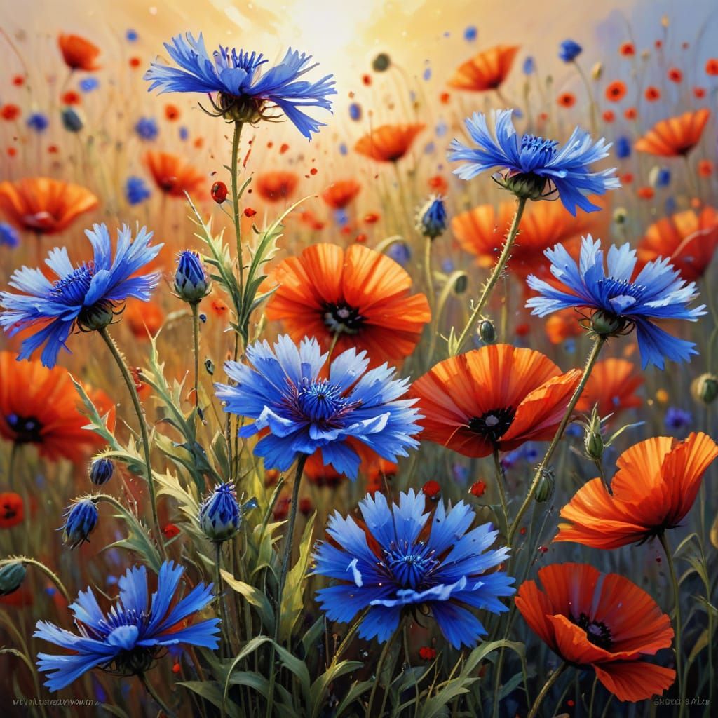 Blue Cornflower in Poppy Field, Impressionist Oil Painting