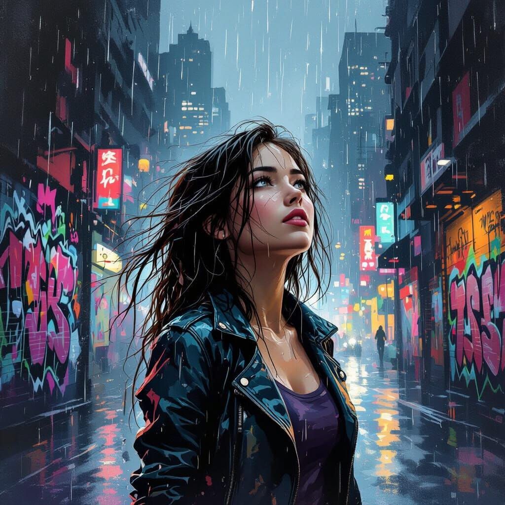 Woman in Rain-Soaked City, Expressive Oil Gouache Style