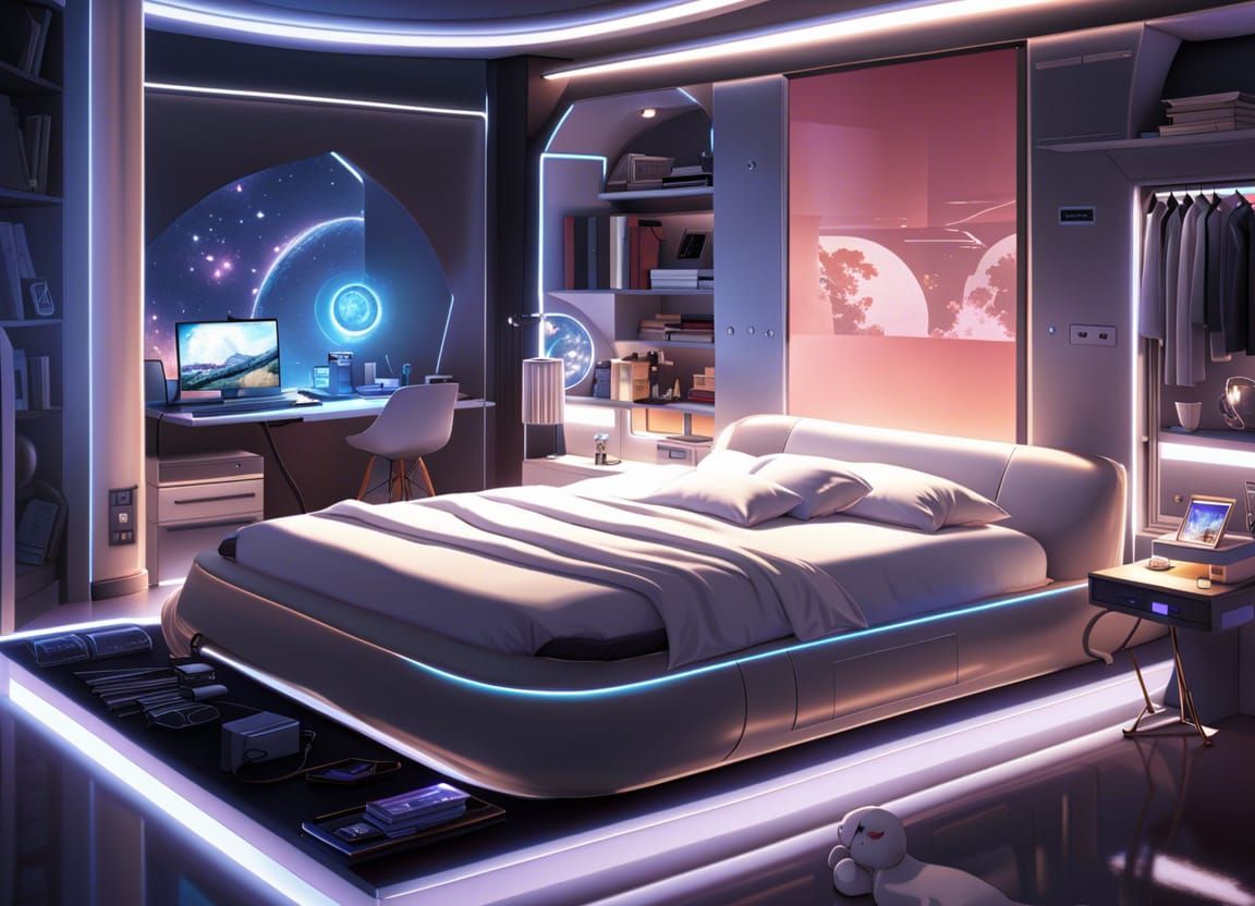 Futuristic Bedroom with Sleeping Kittens in Anime Style