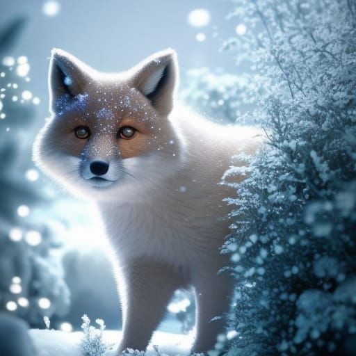 Chibi Fox Hiding in Snowy Bush, Watercolor Style