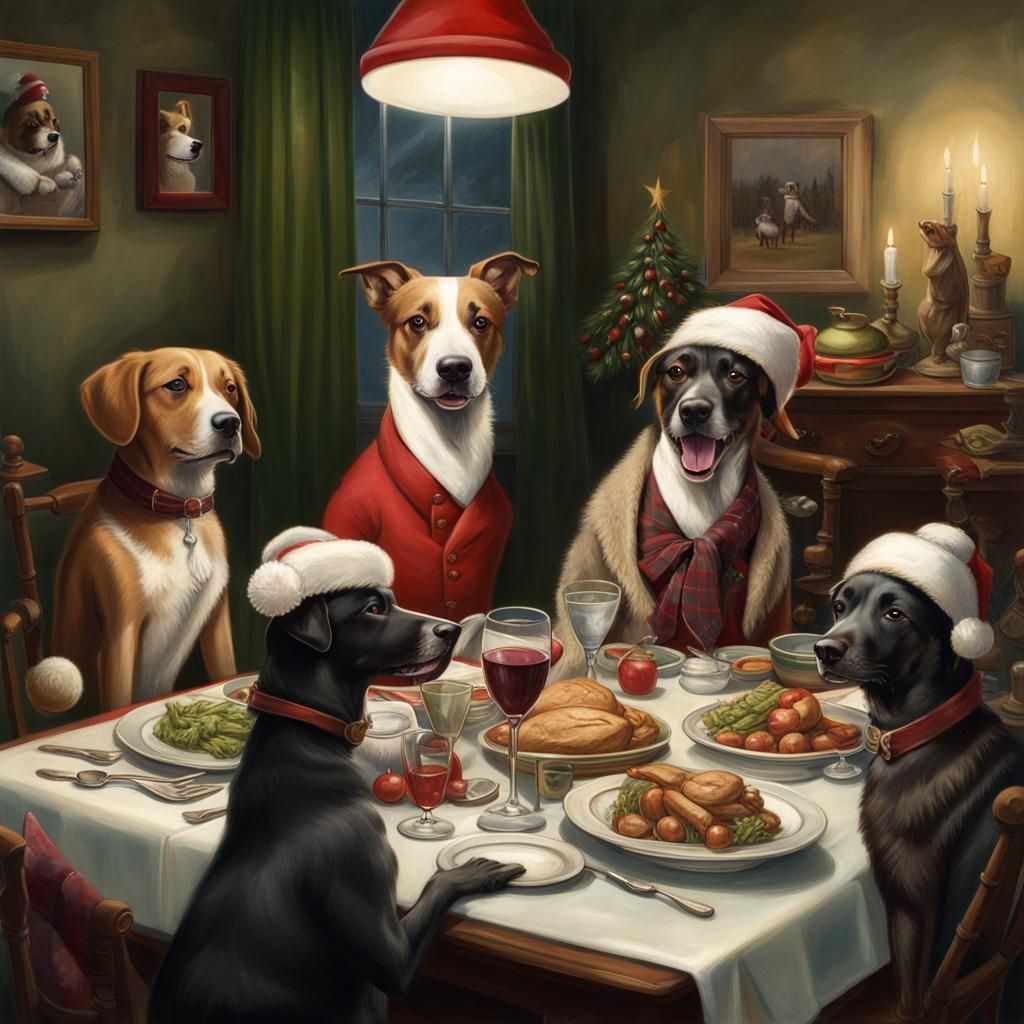 Dogs Celebrate Christmas in Early 20th Century Style