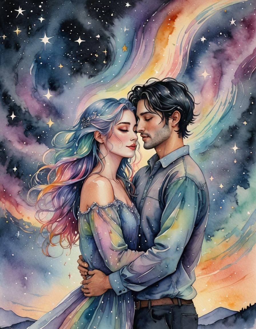 Romantic Couple Embracing Under Celestial Stars in Watercolo...