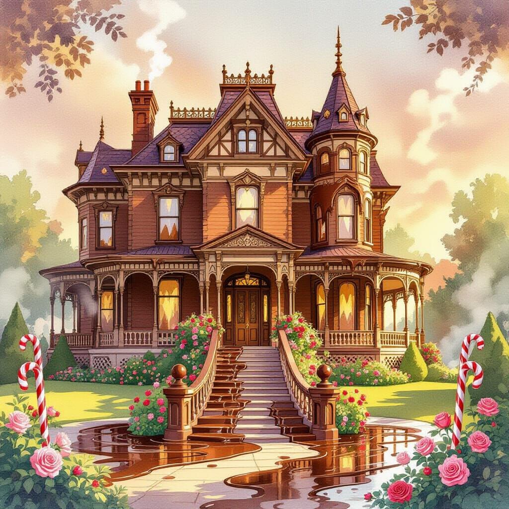 Melting Chocolate Victorian Mansion in Golden Sunlight