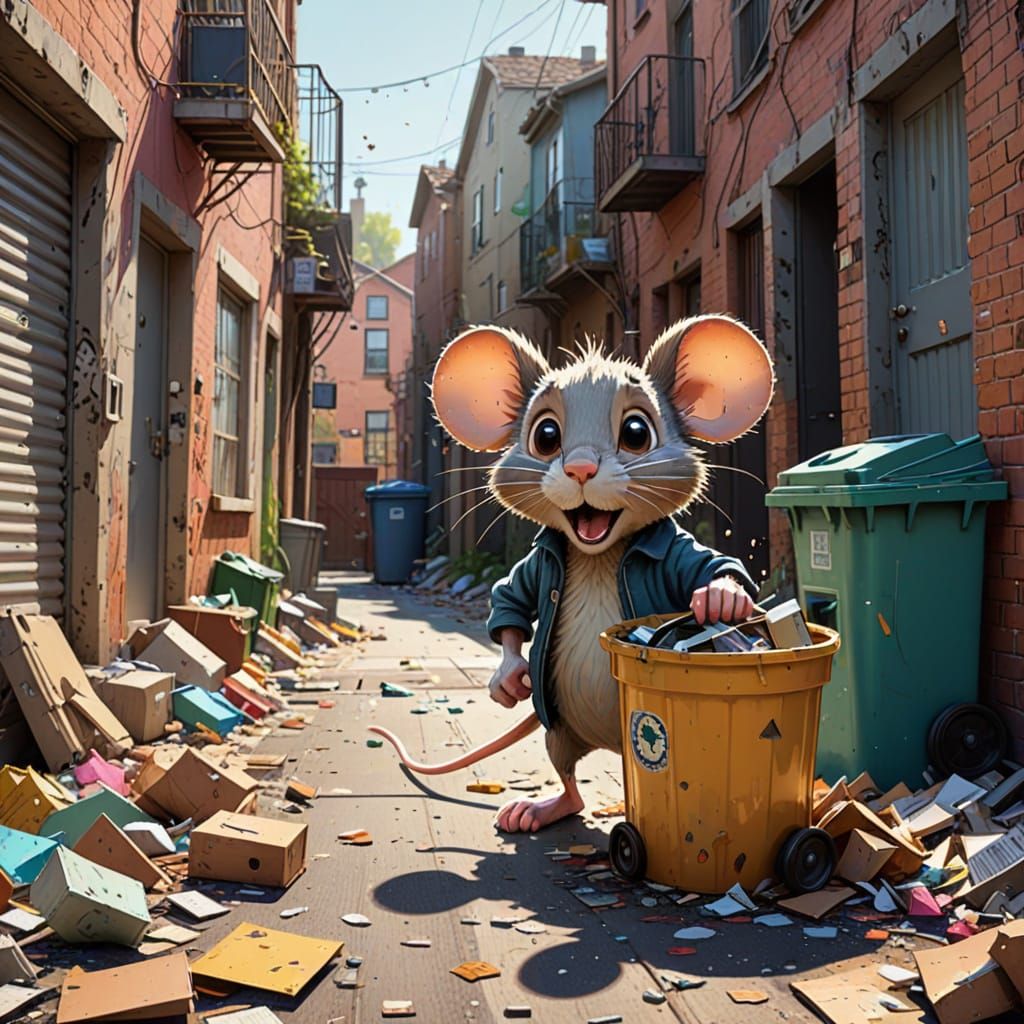 Whimsical Cartoon Scene of a Messy Mouse in a Cluttered Alle...