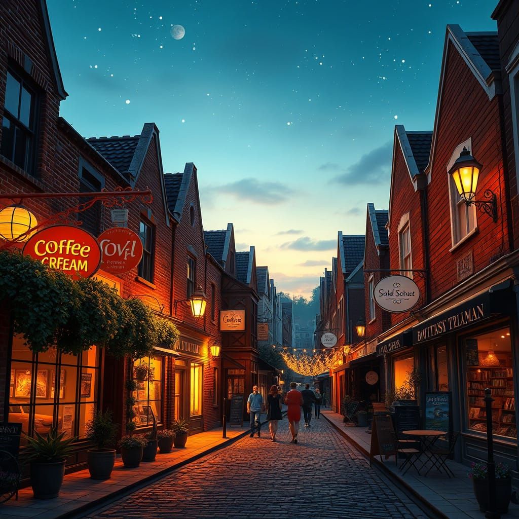 Whimsical Twilight Neighborhood Scene in Warm Golden Light