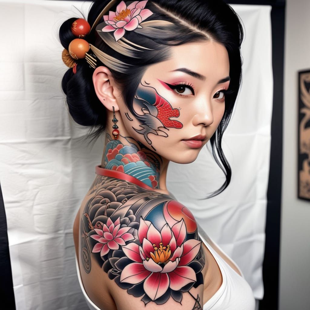 Japanese Tattoo Sheet with Geishas and Samurai