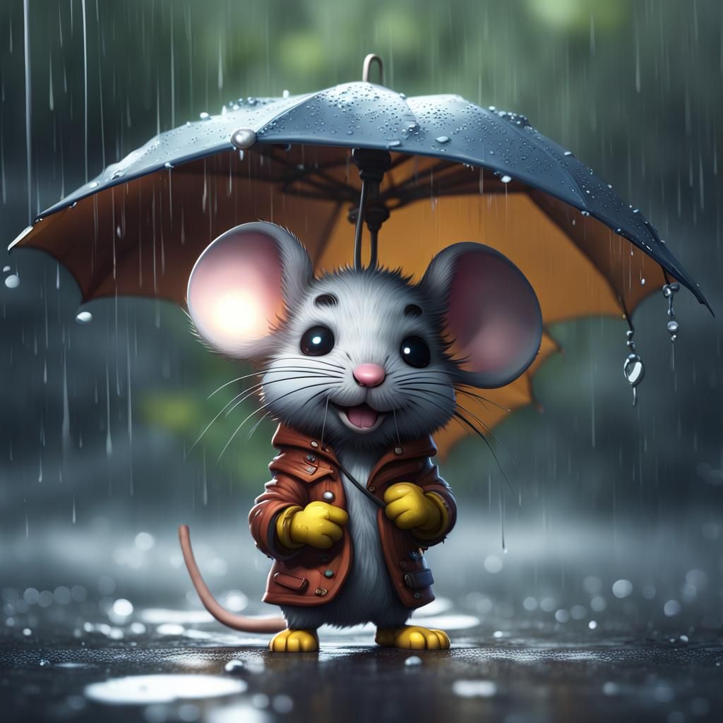 Chibi Mouse in Rain: Detailed Matte Painting