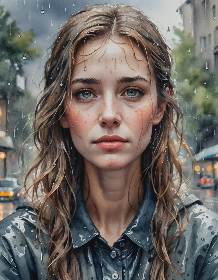 Girl in Rain: Impressionist Watercolor Portrait