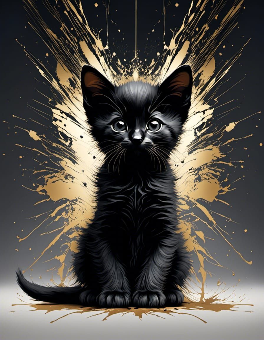 Sleek Black Kitten with Metallic Speckled Background