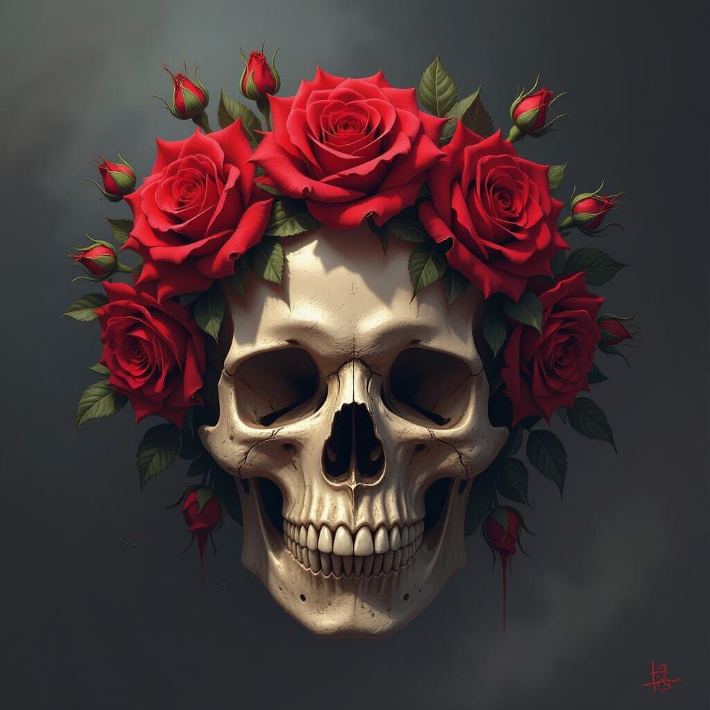 Flaming Skull with Roses in Dark Fantasy Style