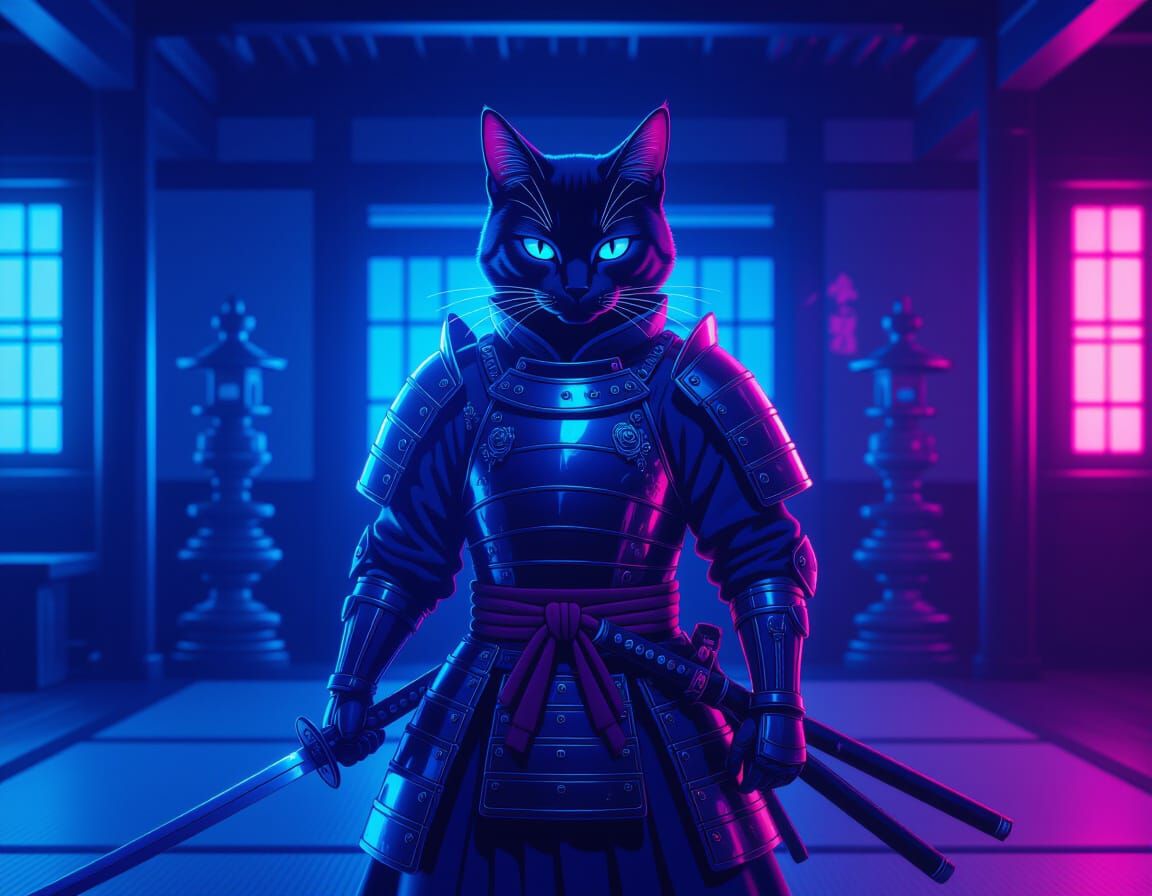 Neon Samurai Cat Guarding Futuristic Dojo