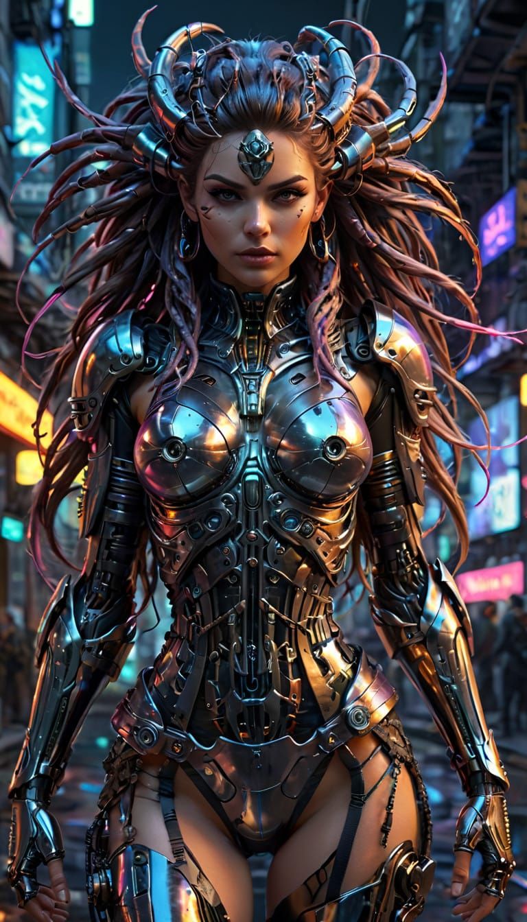 Futuristic Pirate Goddess in Neon-Lit Metropolis