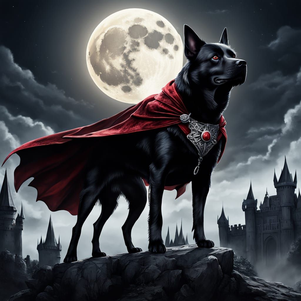 Gothic Vampire Dog Under Blood Moon