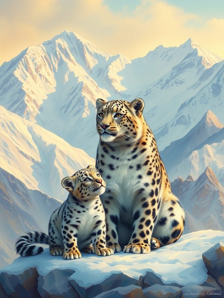 Majestic Snow Leopard and Cub in Himalayan Landscape