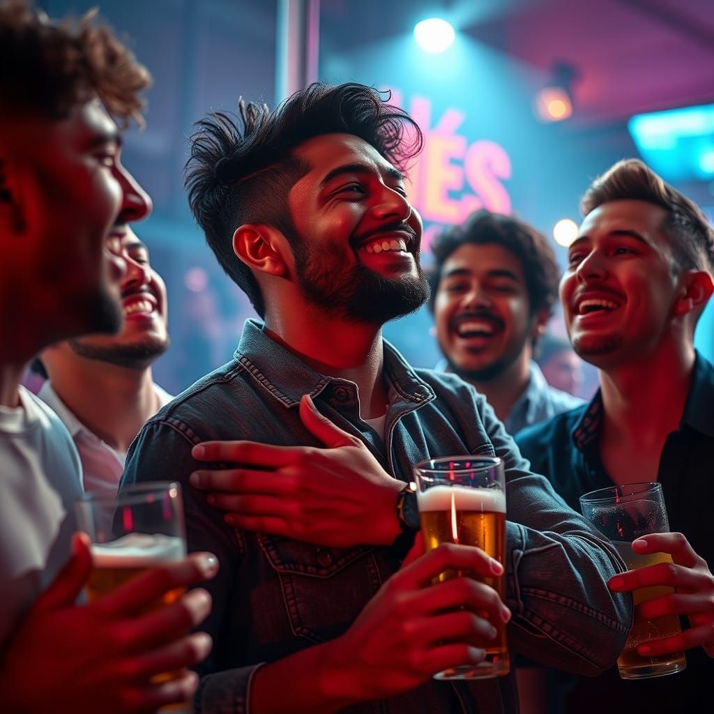 Multiracial Men Enjoying Nightlife in Hyperrealistic Style