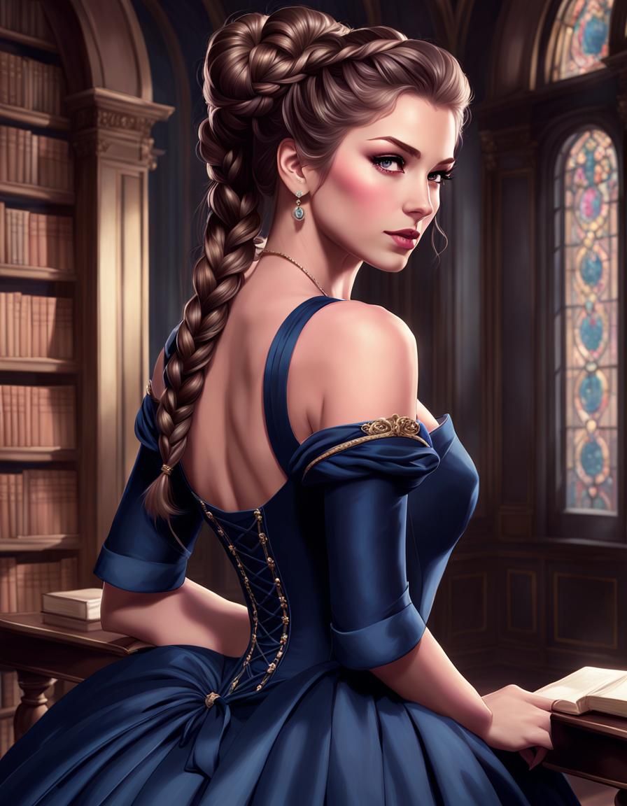 European Woman in Library: Digital Art Portrait