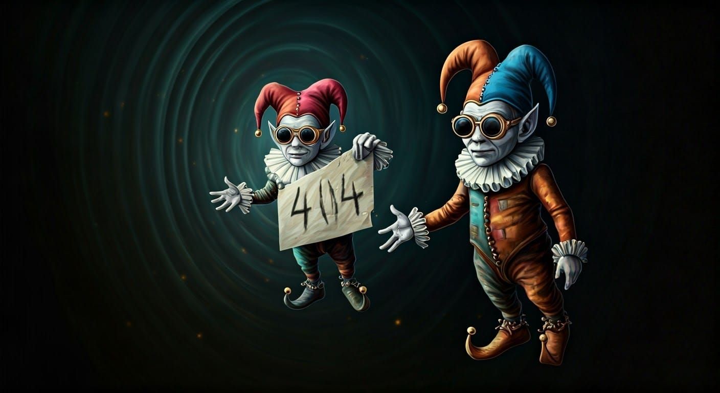 Gnomes in Futuristic Jester Costumes Float in Ethereal Void