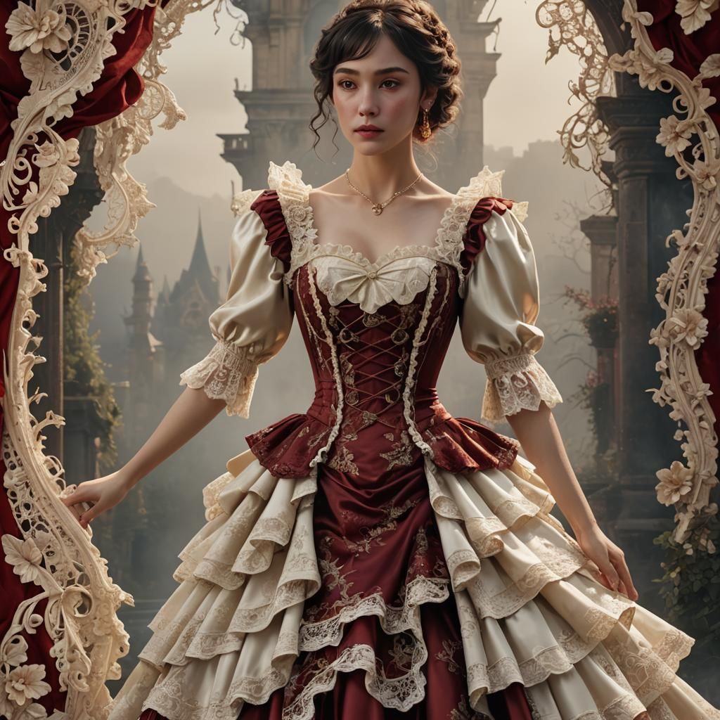 Cream Lace over Red Satin Dress in Fantasy Style