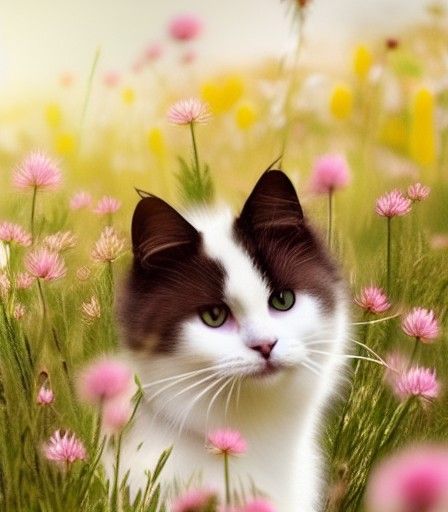 Fluffy White Cat Jumping in Flower Meadow