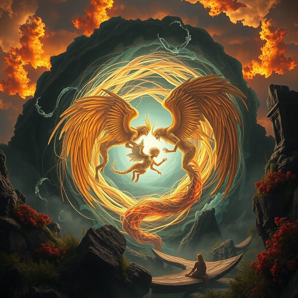 Mystical Vortex of Angels and Demons in Fiery Skies