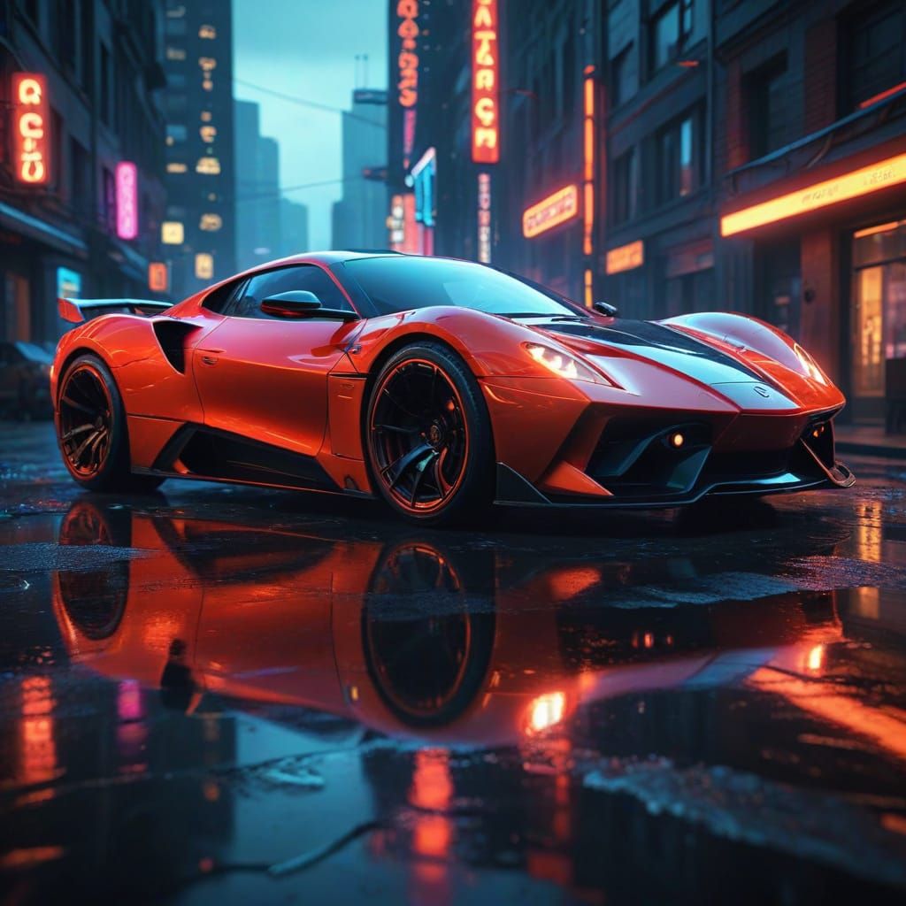 Luxury Sports Car in Neon Cityscape, Cyberpunk Style