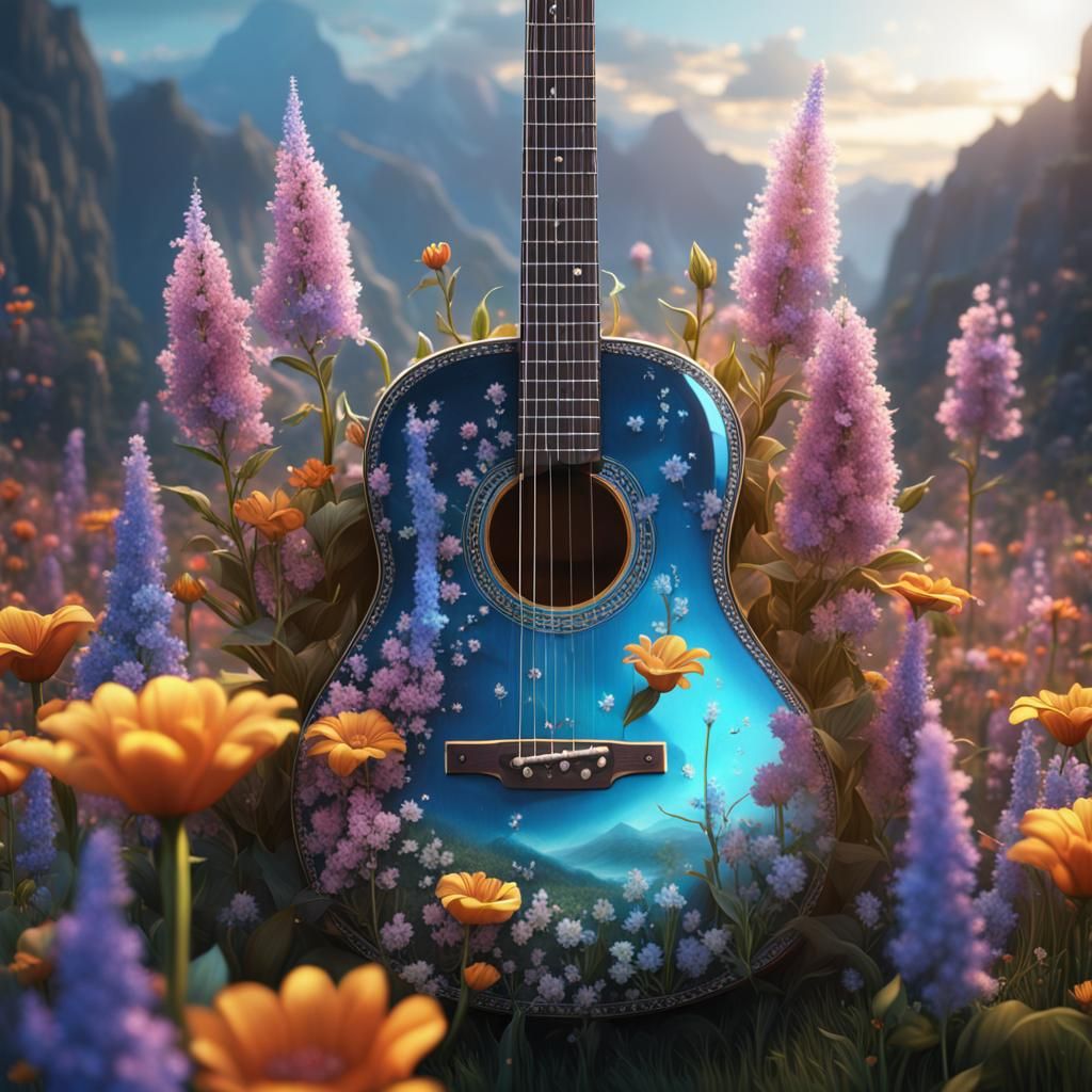 Crystal Guitar with Flowers and Landscape