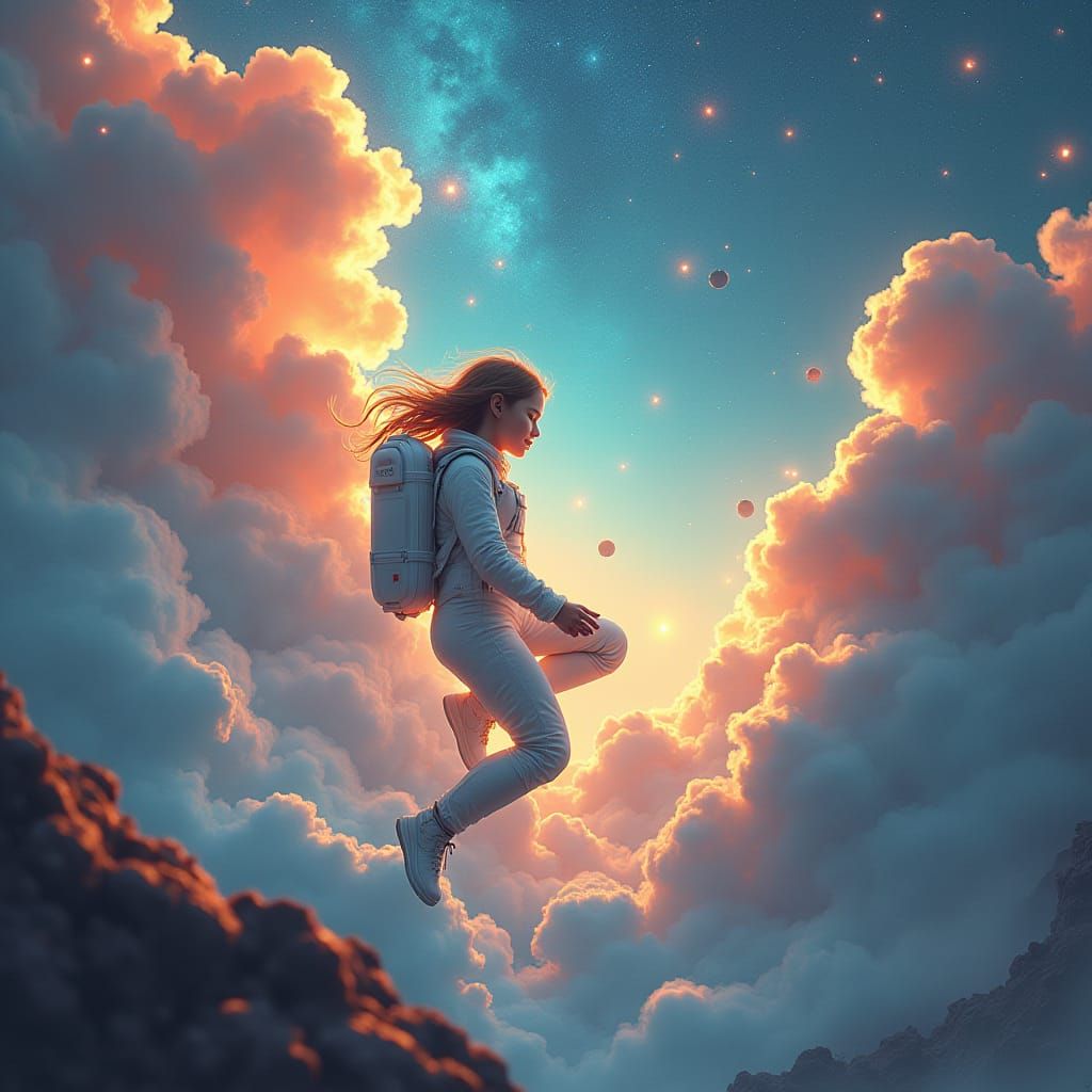 Girl in Spacesuit Wandering Nebula, Ethereal Concept Art