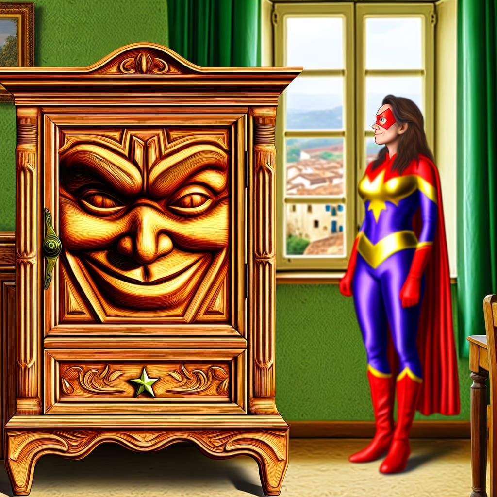 Smiling Cupboard & Superhero in Vibrant Hyperrealism