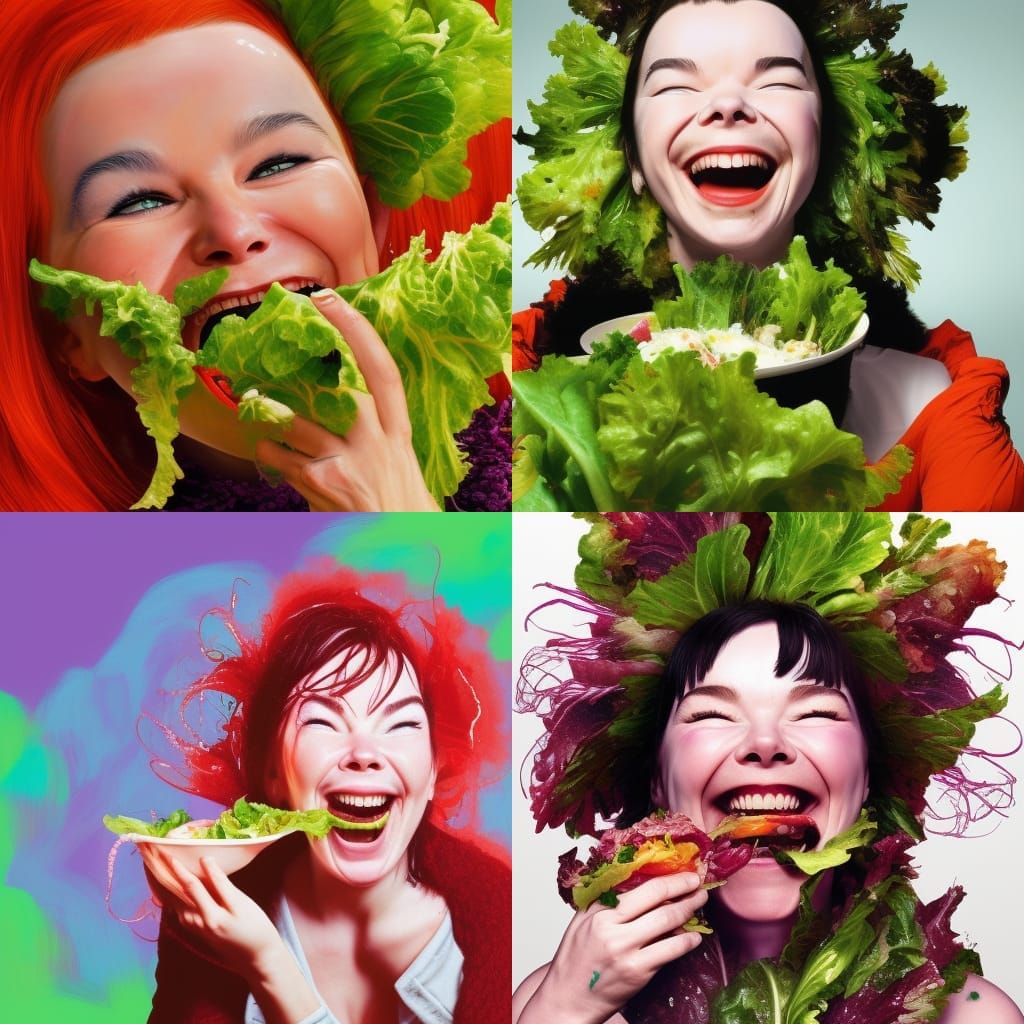 Hyperrealistic Image of Bjork Laughing and Eating Salad