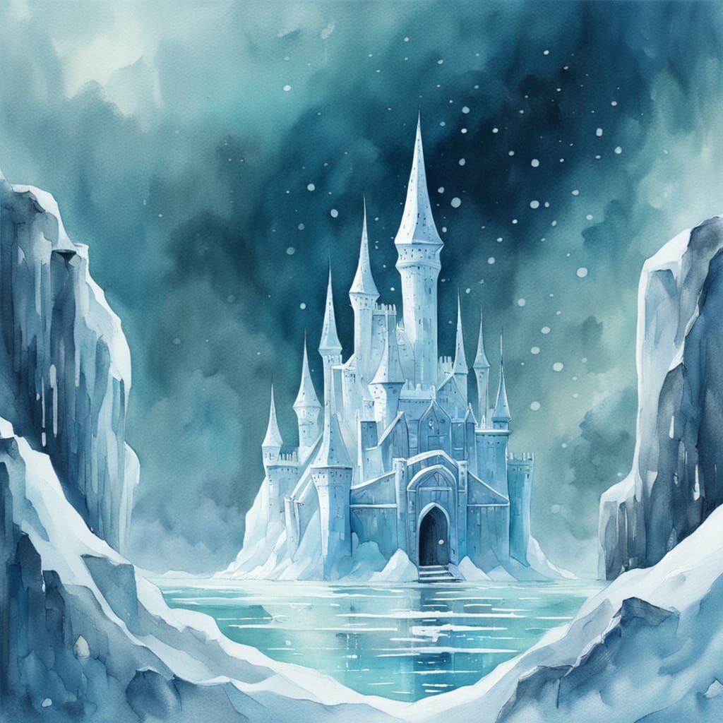 Enchanting Ice Castle on Floating Iceberg in Watercolor