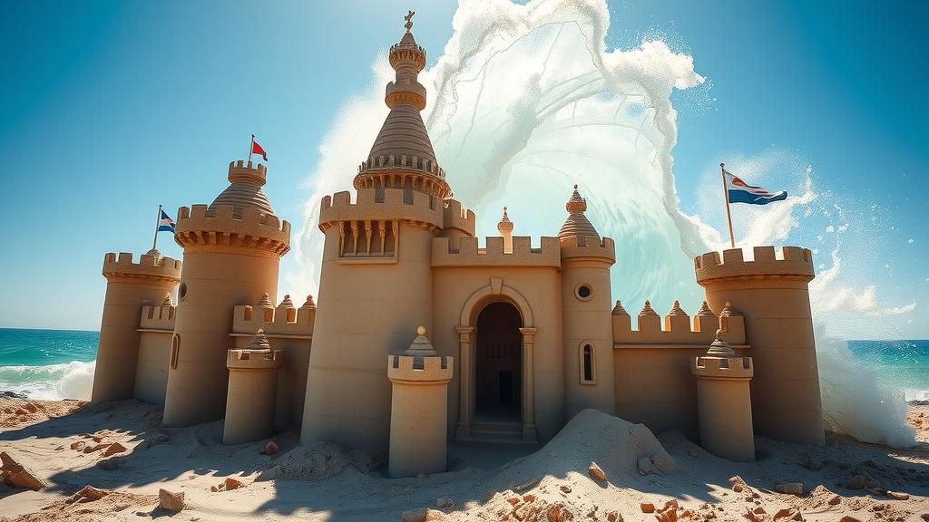 Majestic Sandcastle vs. Rushing Wave: Dramatic Coastal Scene