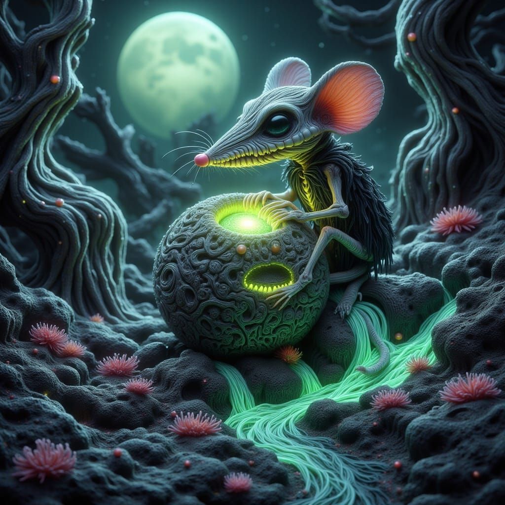 Skeletal Chibi Mouse With Green Orb Under Crimson Moon
