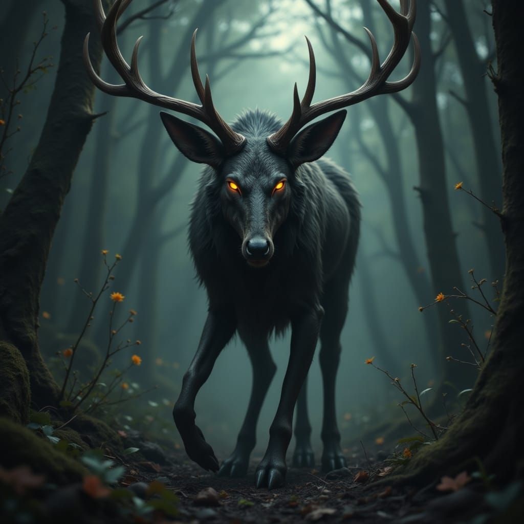 Hyperrealistic Wendigo Lurking in Dark Forest with Glowing E...