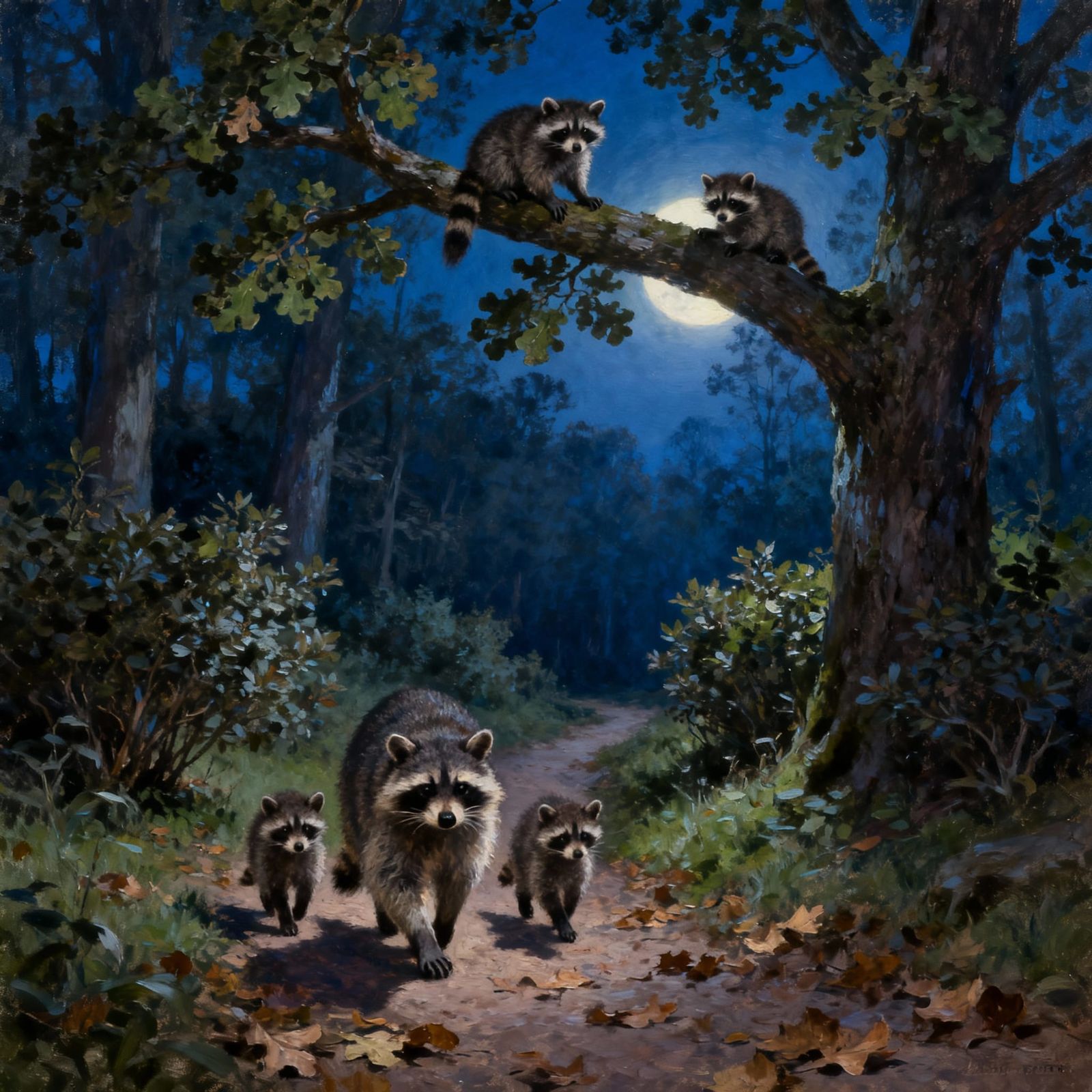 Raccoon Family Exploring Woodland Path at Night