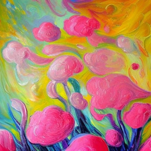 Pink Flowers and Swirling Clouds in Expressionist Style