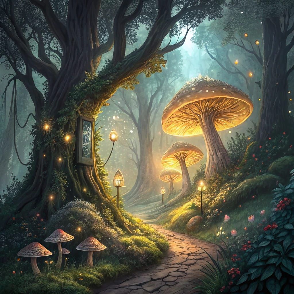 Enchanted Forest Bathed in Magical Light