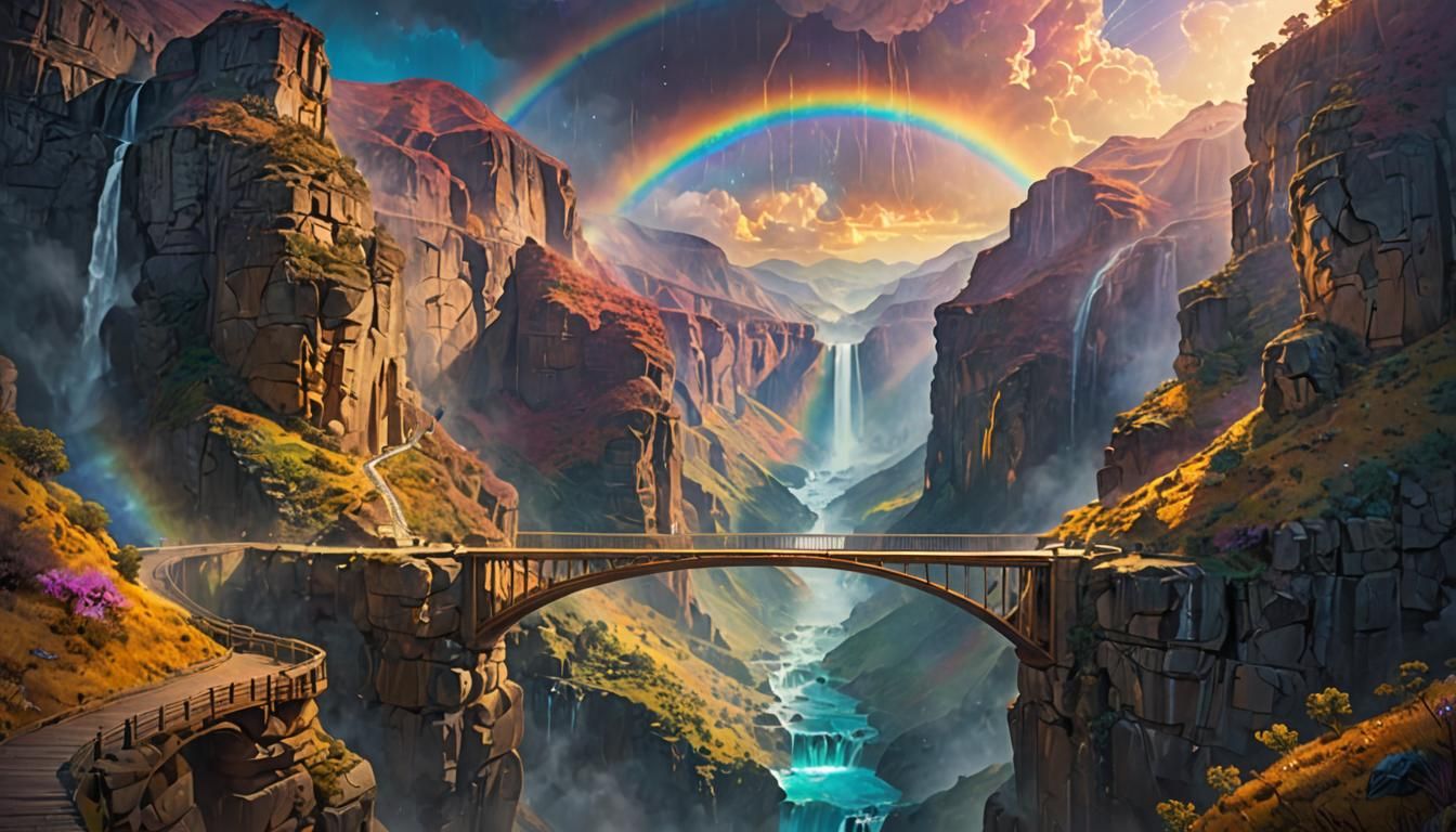 Rainbow Bridge Over Misty Canyon in Astral Style