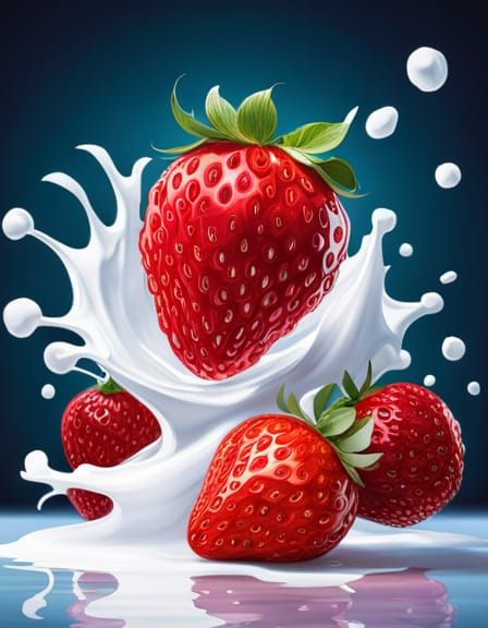 Hyperrealistic Strawberries Exploding in Cream River