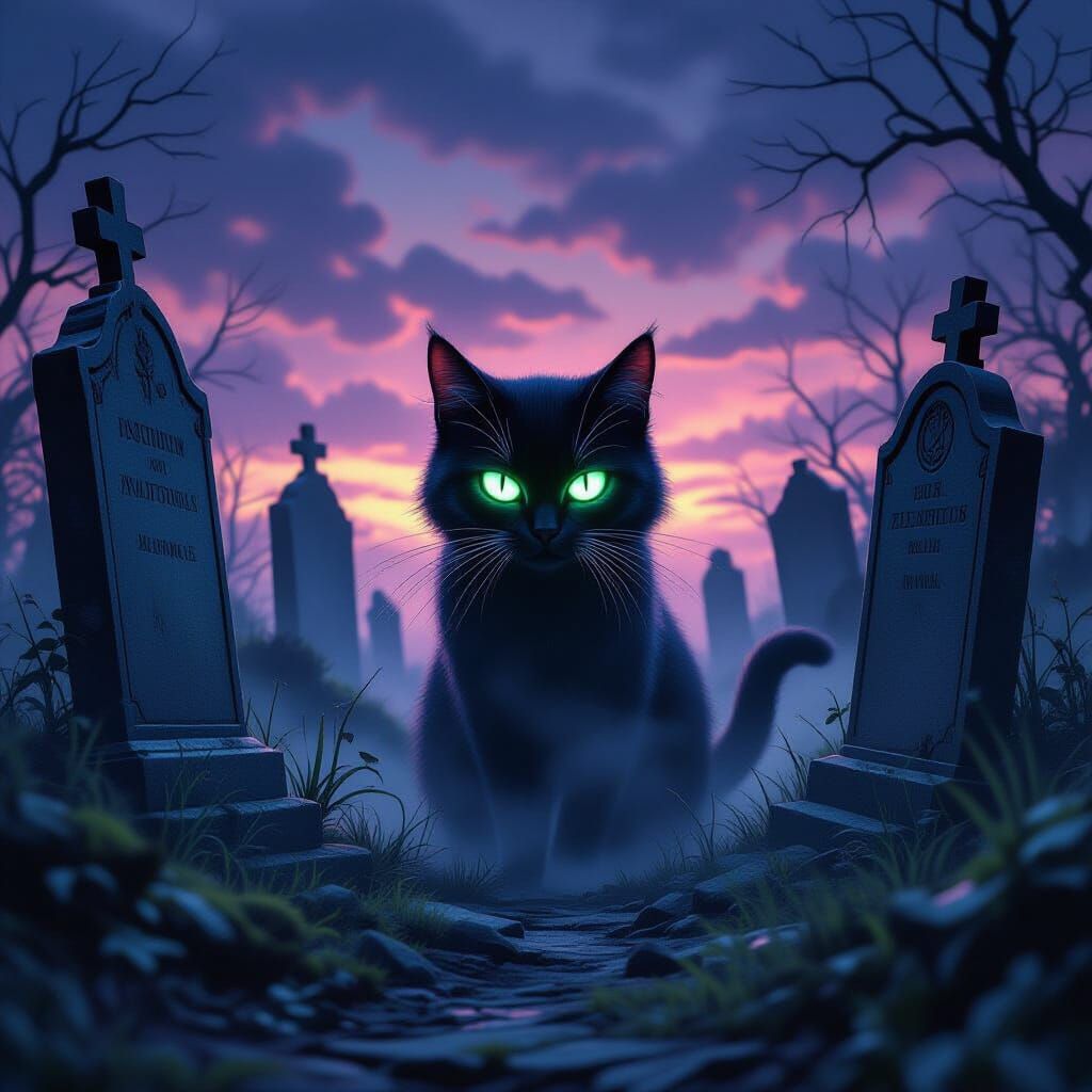 Spectral Cat Emerges from Mist in Eerie Graveyard
