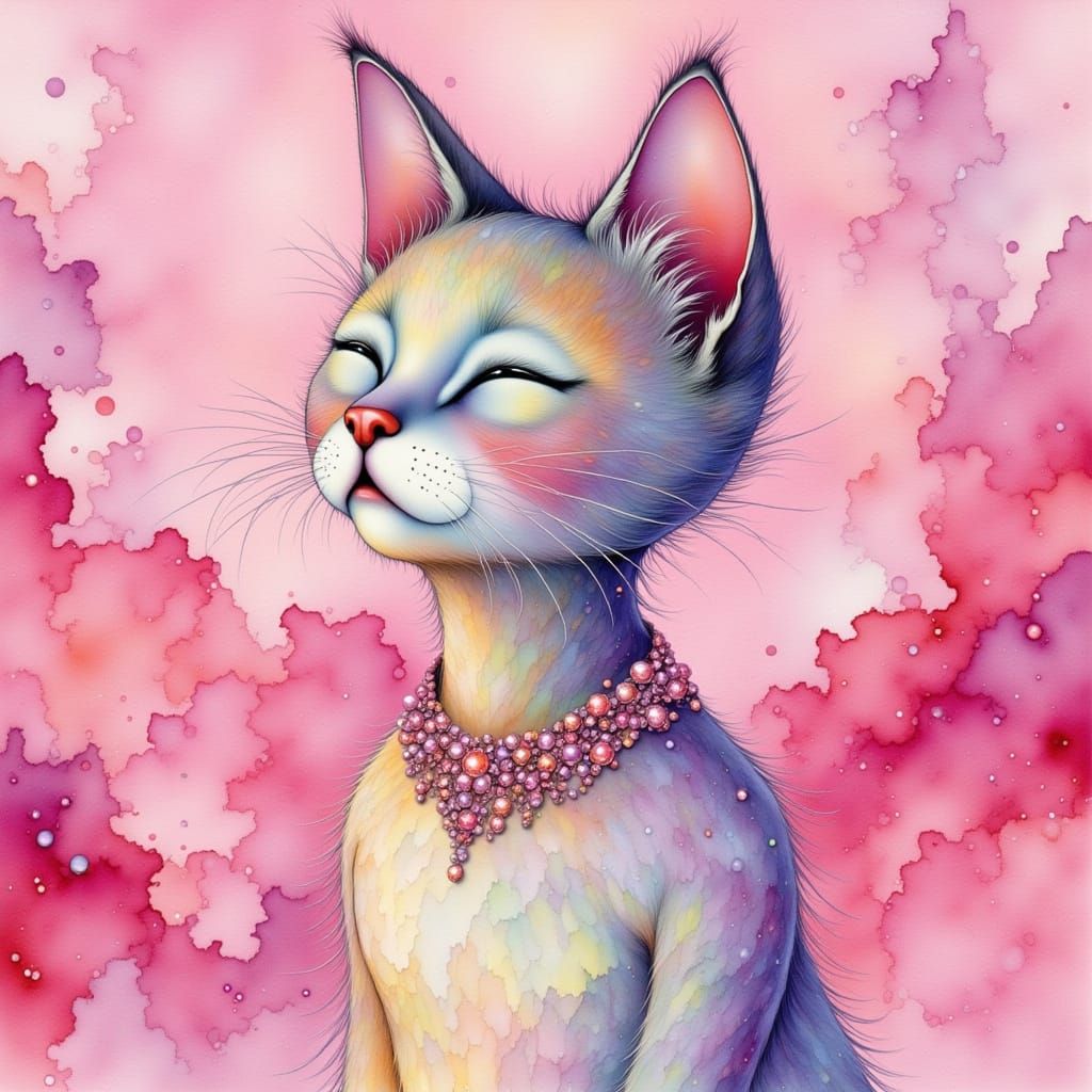 Dreamy Feline in Watercolor and Ink Textures