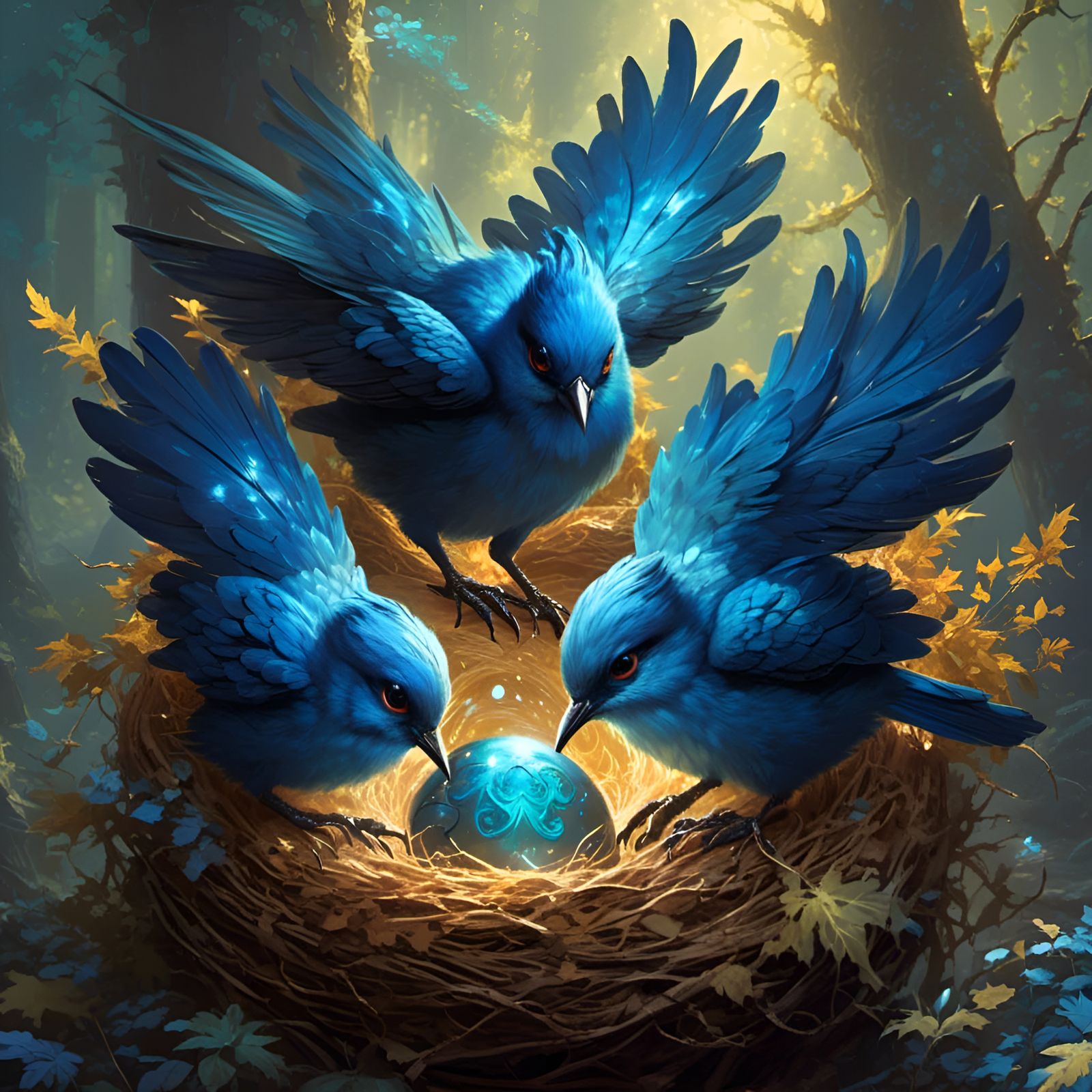 Mythical Bird Family in Enchanted Forest Nest