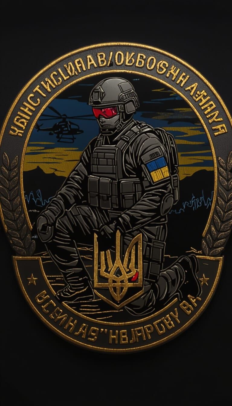 Embossed Military Emblem with Soldier and Ukrainian Flag