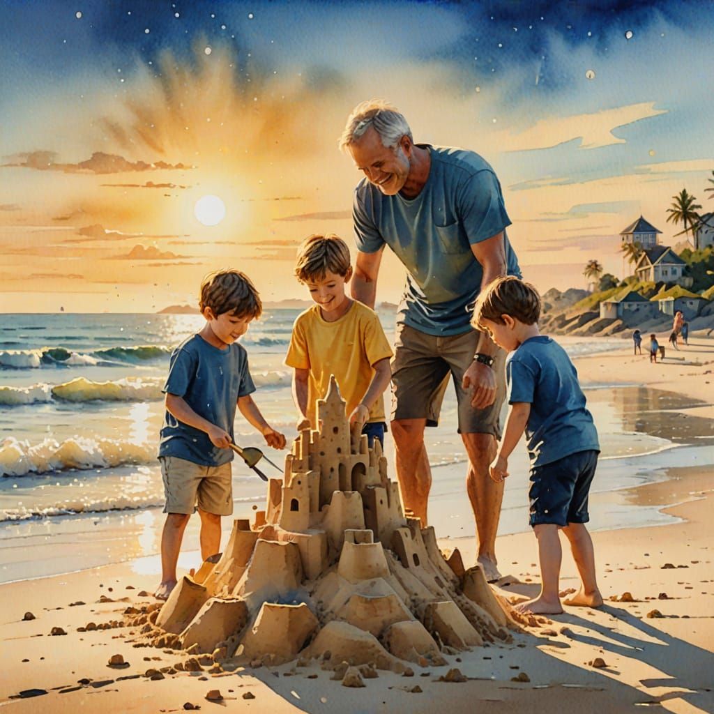 Father and Sons Build Sandcastle: Watercolor Beach Scene