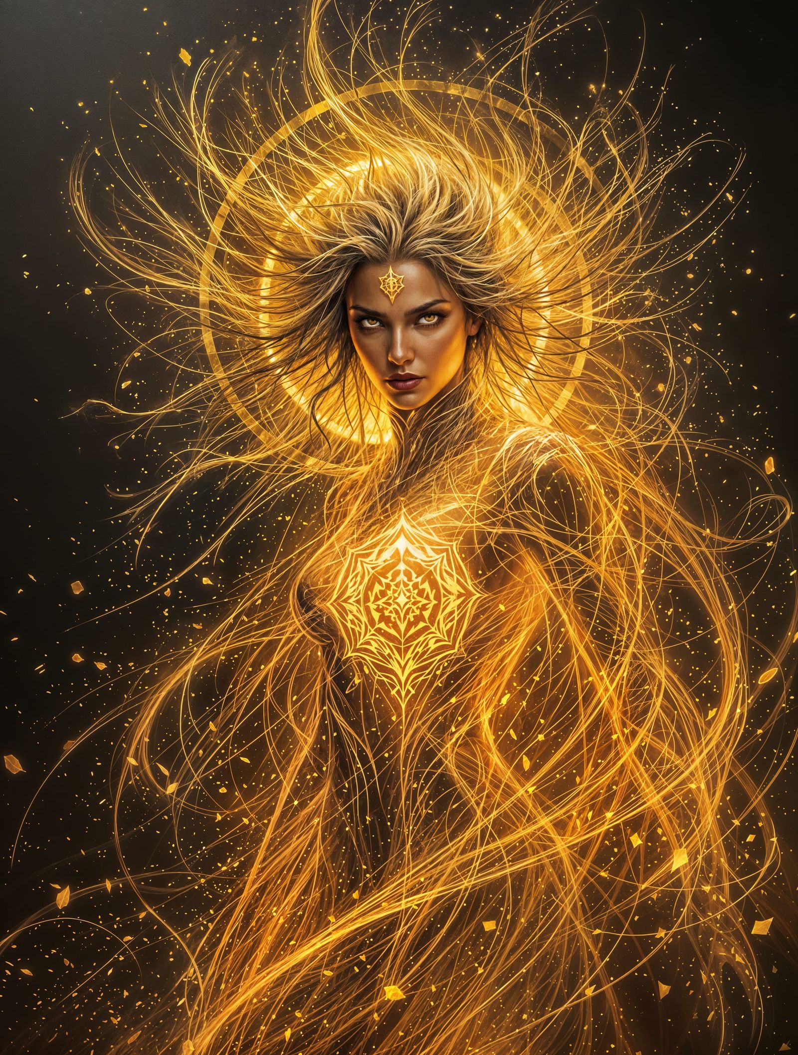 Golden Warrior Goddess in Hyperrealistic Impressionism